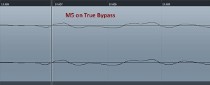 Screenshot of Cubase session, guitar passing through M5 in upper waveform, guitar directly to audio interface in lower waveform. M5 in true bypass.